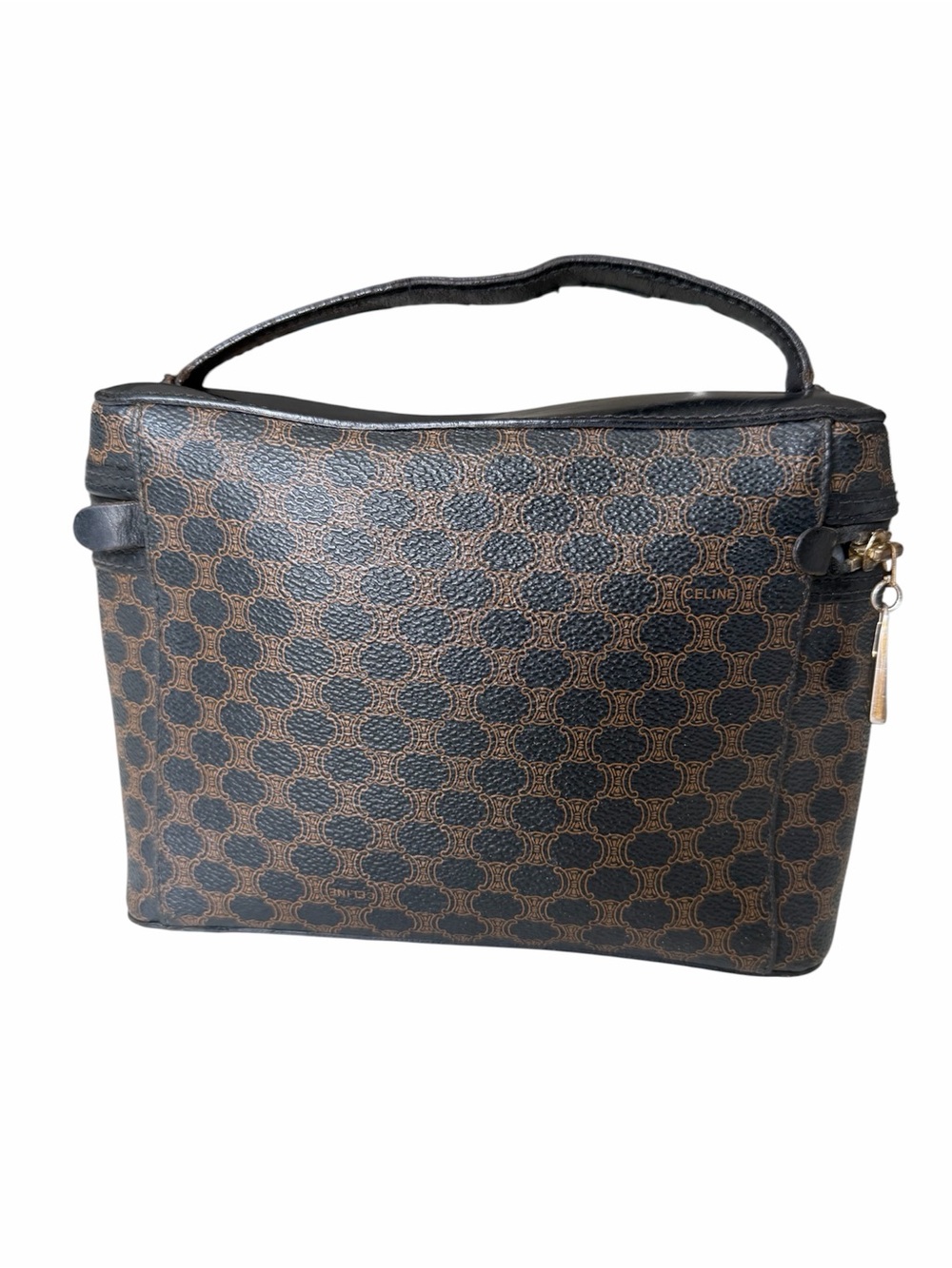 Vintage Celine Purse Satchel Vanity Bag PVC in Triomphe Pattern Brown/Black Rare - Picture 2 of 11